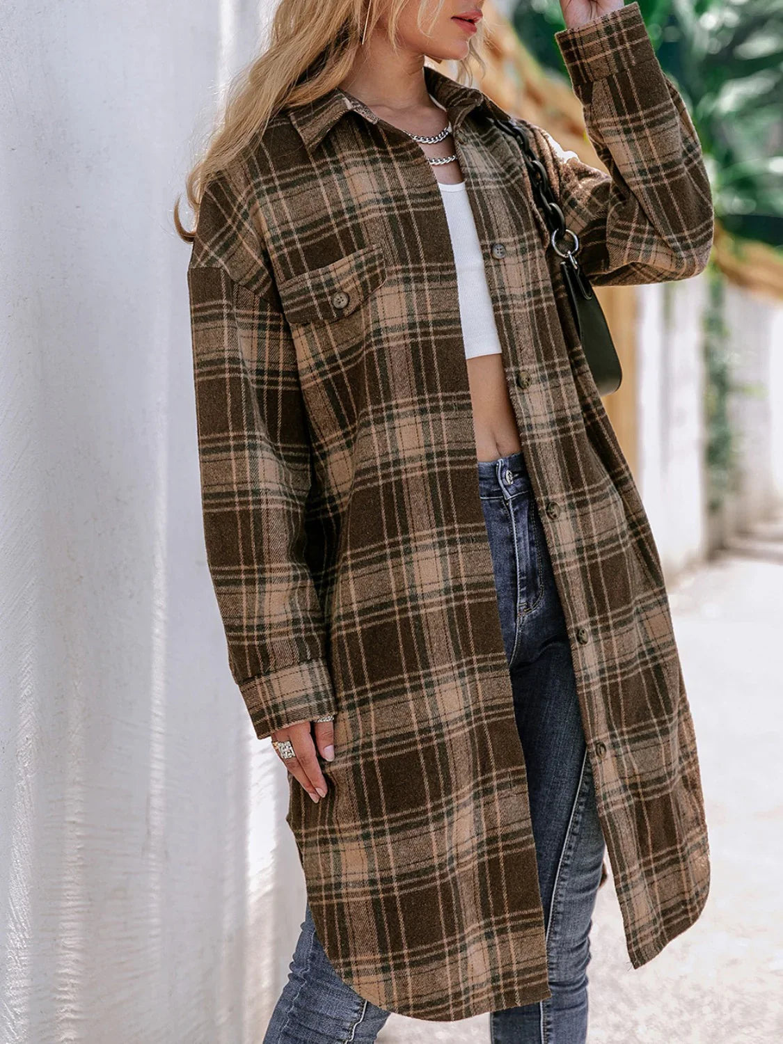 Plaid Wool Blend Long Coat  Classic Brown Checkered Pattern - Product example
