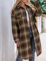 Plaid Wool Blend Long Coat  Classic Brown Checkered Pattern - Product example