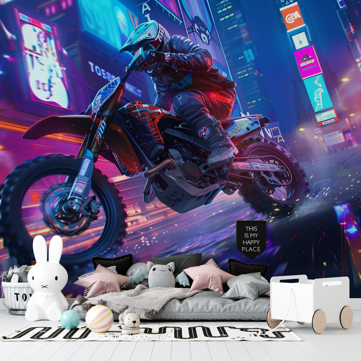 Cyberpunk Mural Wallpaper | Urban Motocross Night Scene