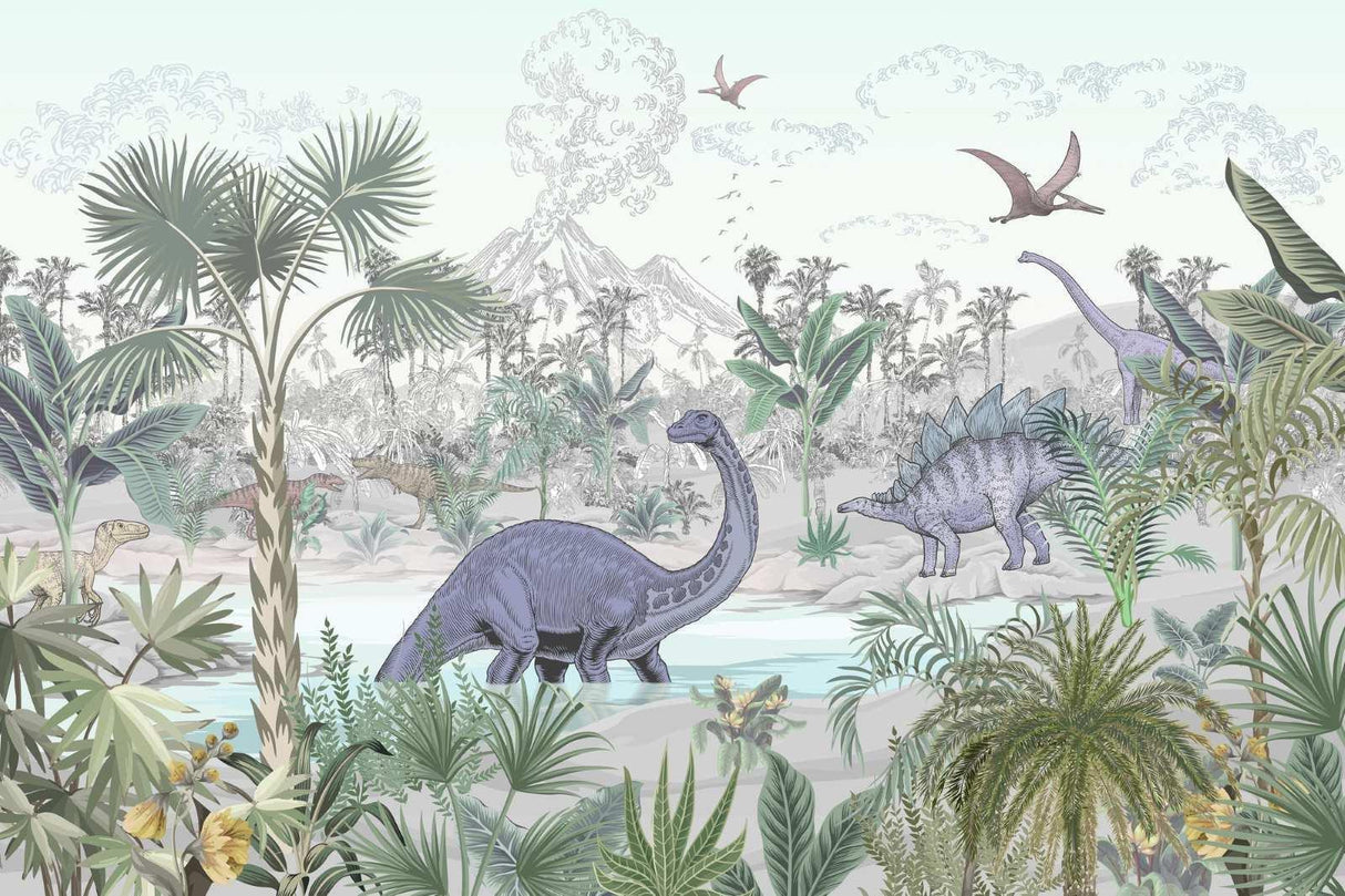 Dinosaur Mural Wallpaper | Prehistoric Jungle Paradise
