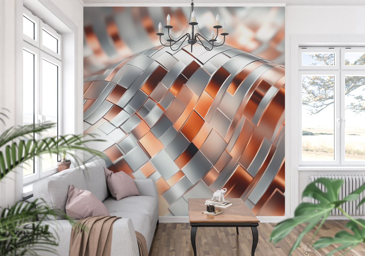 Abstract Mural Wallpaper | Modern Terracotta and Silver Wave Design