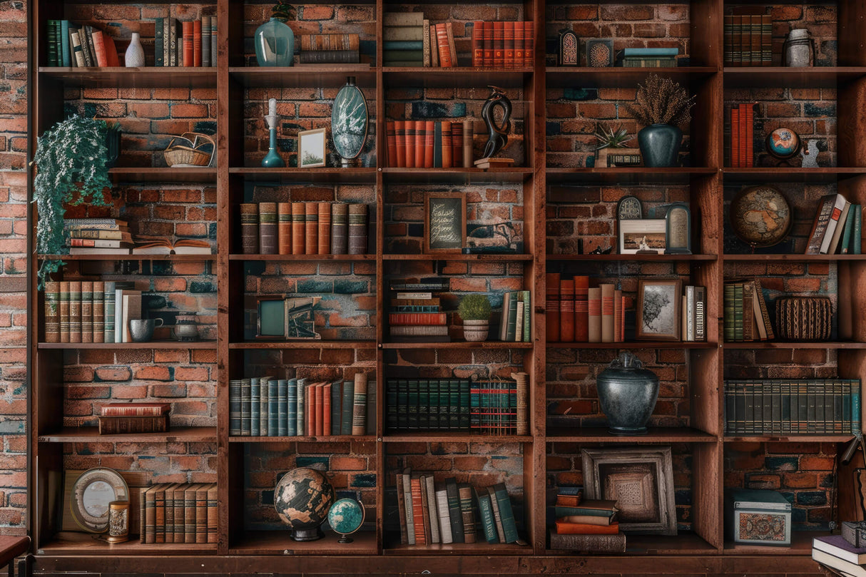 Library Mural Wallpaper | Vintage Bookshelf With Brick Wall