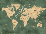 World Map Mural Wallpaper | Green and Gold with Animal Silhouettes