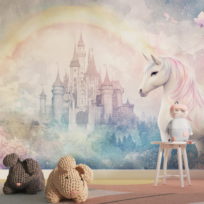 Princess Mural Wallpaper | Magical Unicorn and Castle with Rainbow