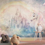 Princess Mural Wallpaper | Magical Unicorn and Castle with Rainbow