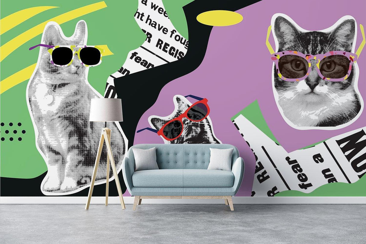 Pop Art Mural Wallpaper | Cool Cats With Sunglasses Design