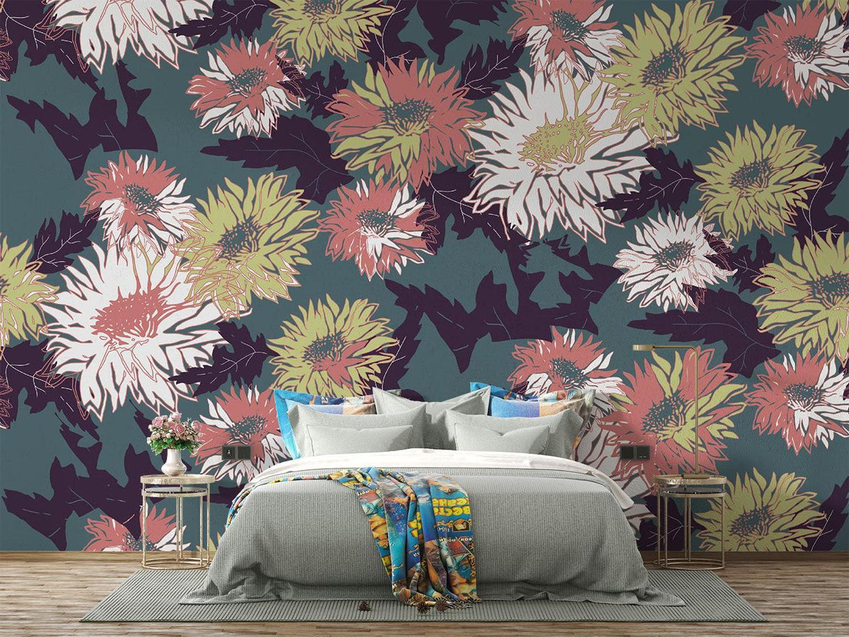 Floral Mural Wallpaper | Vintage Botanical Pattern in Terracotta and Green