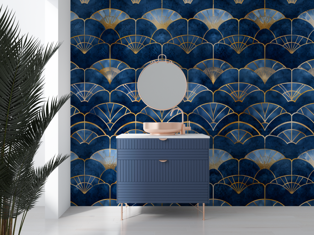 Art Deco Mural Wallpaper | Blue and Gold Fan Pattern