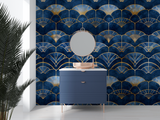 Art Deco Mural Wallpaper | Blue and Gold Fan Pattern