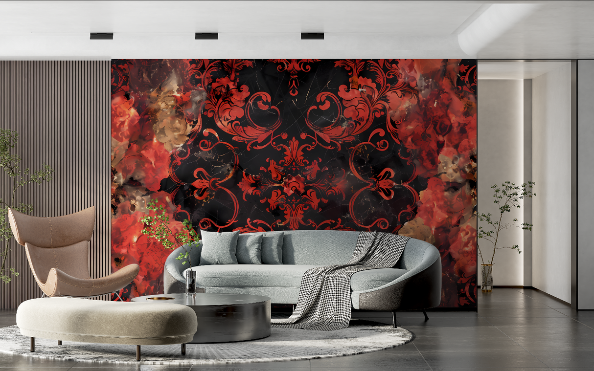 Baroque Mural Wallpaper | Red and Black Damask Pattern