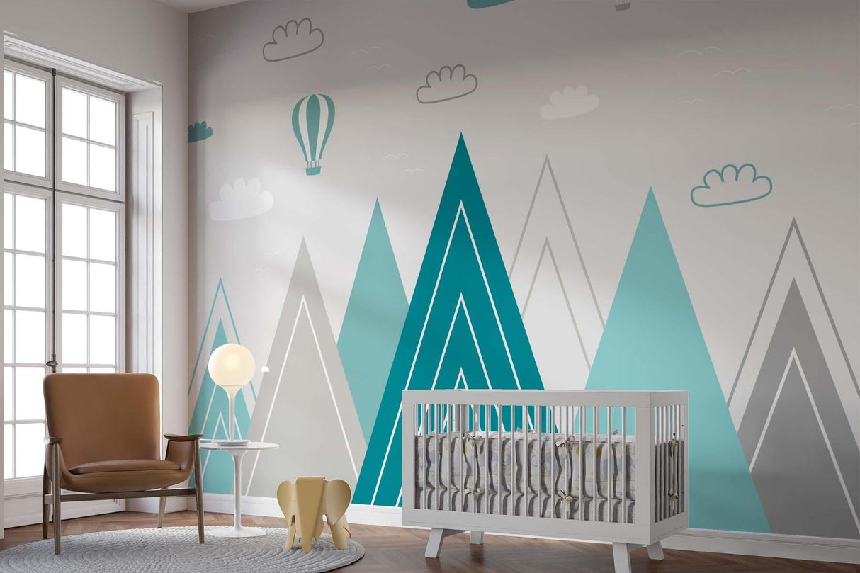Mountain Mural Wallpaper | Turquoise Peaks with Hot Air Balloons