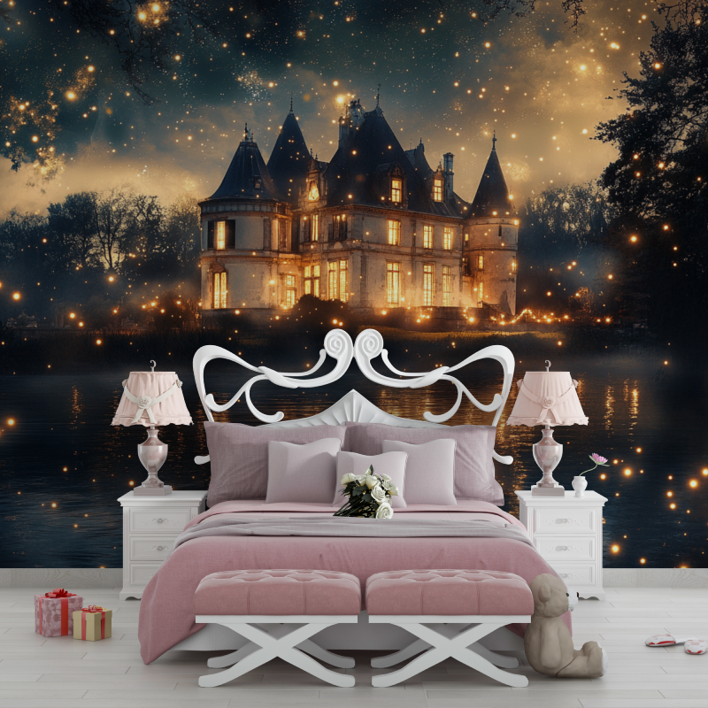 Castle Mural Wallpaper | Enchanted Night With Golden Stars