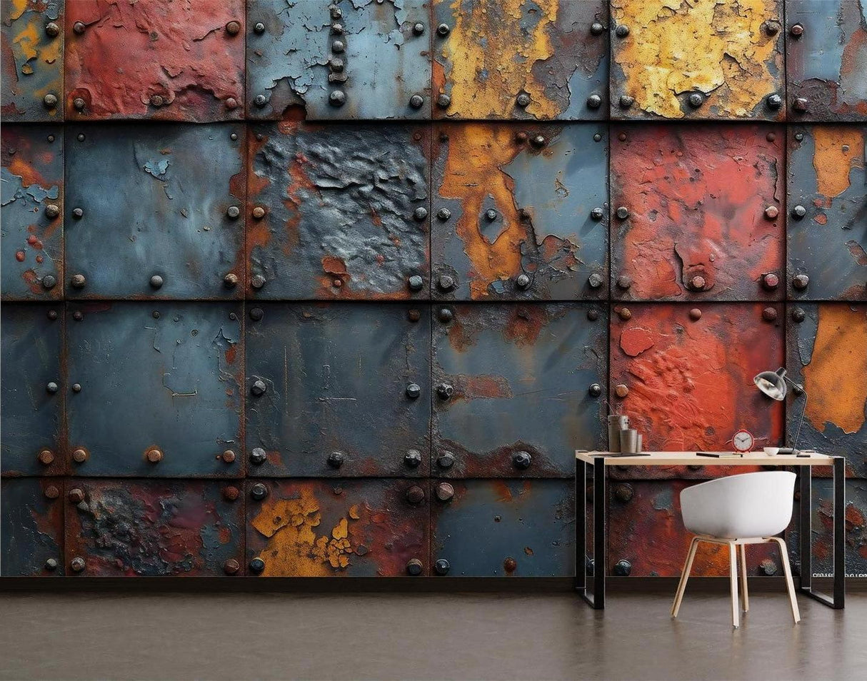 Industrial Mural Wallpaper | Rustic Metal With Rivets Design