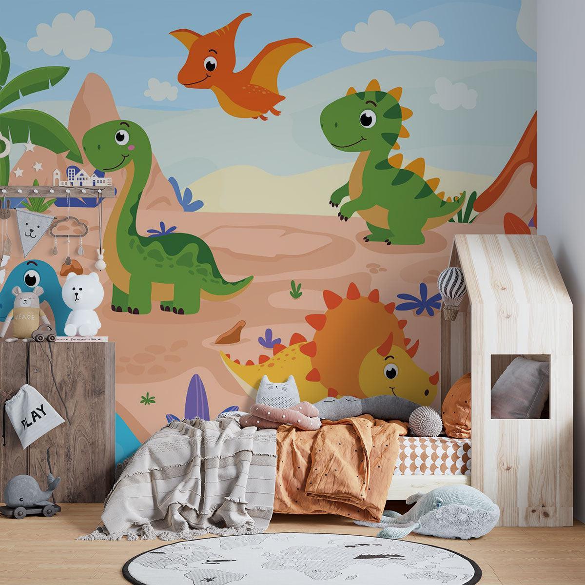 Papier Peint Mural Dinosaure | Scène d'Aventure Préhistorique Dessin Animé