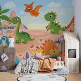 Papier Peint Mural Dinosaure | Scène d'Aventure Préhistorique Dessin Animé