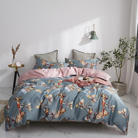 Luxury Egyptian Cotton Bedding  Botanical Birds Print Duvet Set - Product showcase