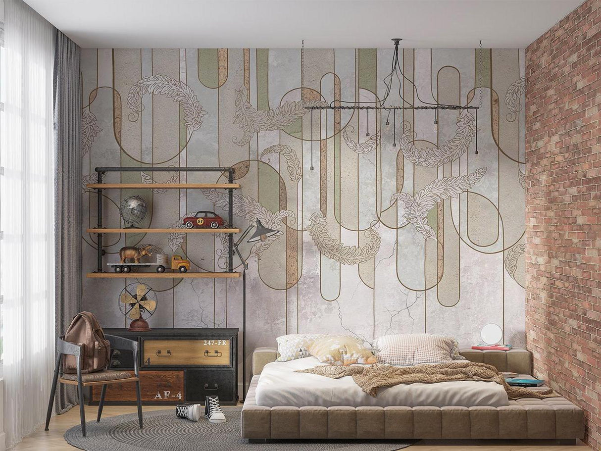 Art Deco Mural Wallpaper | Geometric Feather Pattern in Sage