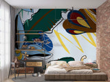 Abstract Mural Wallpaper | Modern Botanical Art with Blue and Gold