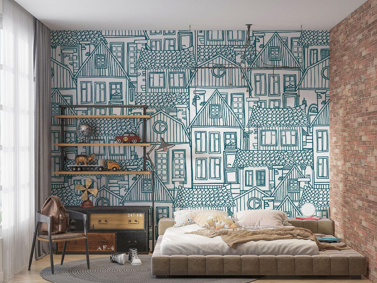 City Line Art Mural Wallpaper | Blue Architectural Sketch Design