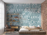 City Line Art Mural Wallpaper | Blue Architectural Sketch Design