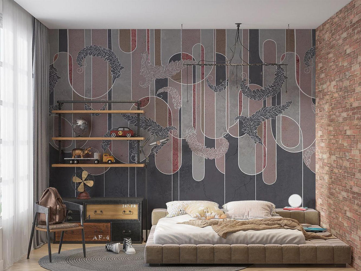 Abstract Mural Wallpaper | Geometric Feather Design with Burgundy Stripes