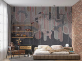 Abstract Mural Wallpaper | Geometric Feather Design with Burgundy Stripes
