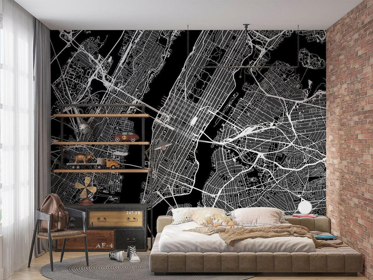 City Map Mural Wallpaper | Modern Black and White Urban Design