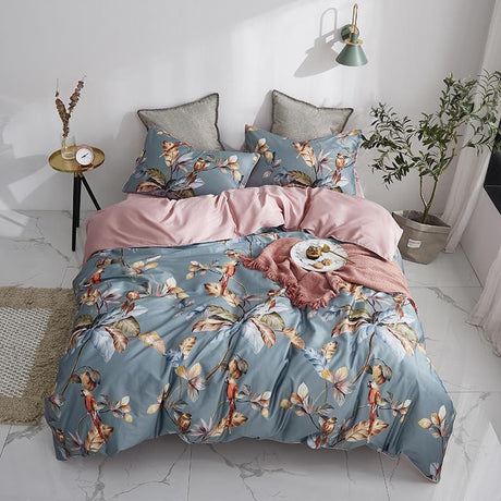 Luxury Egyptian Cotton Bedding  Botanical Birds Print Duvet Set - Detailed view
