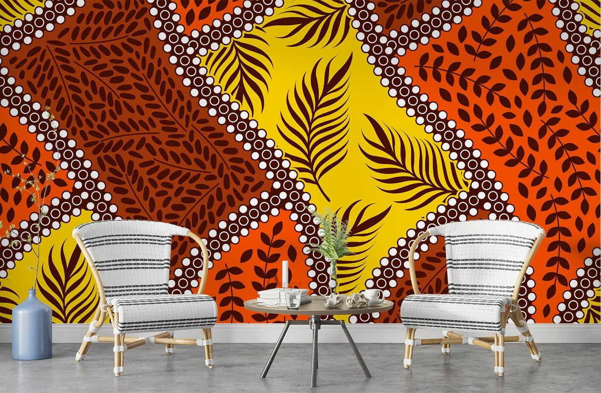 Tropical Mural Wallpaper | Geometric Leaf Pattern in Orange and Yellow