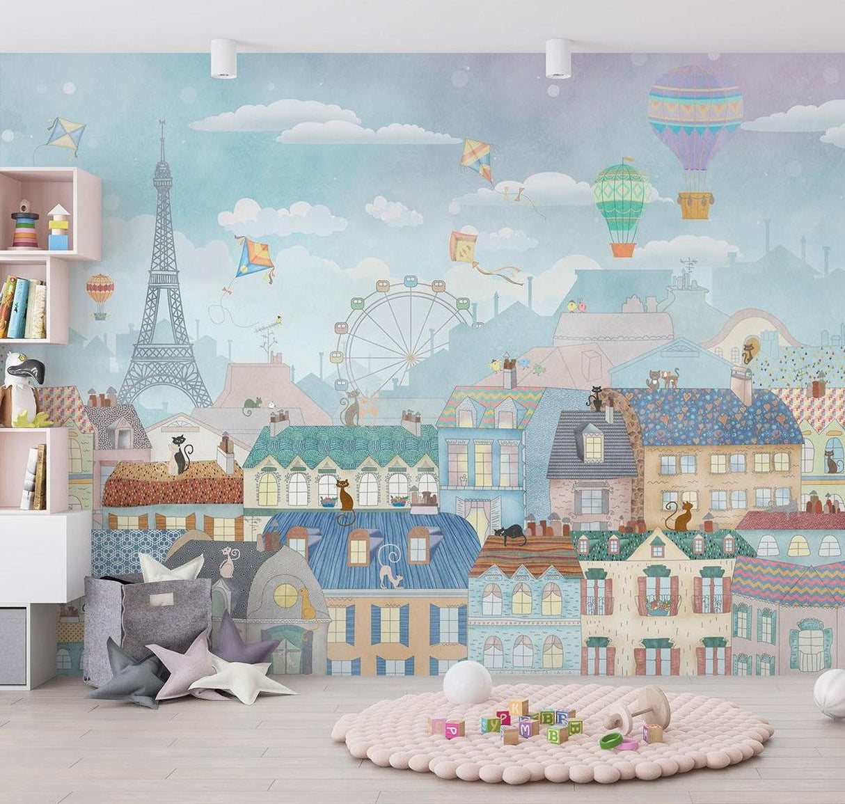 Papier Peint Mural Paris | Paysage Urbain Fantaisiste Avec Montgolfières