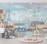 Papier Peint Mural Paris | Paysage Urbain Fantaisiste Avec Montgolfières