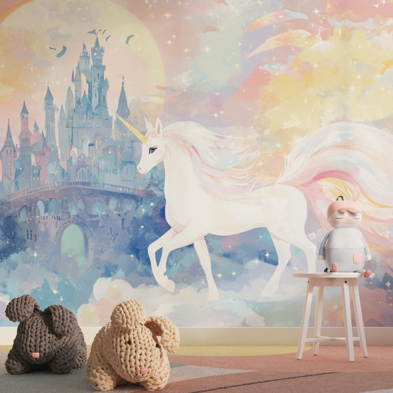 Unicorn Mural Wallpaper | Magical Castle with Rainbow Sky