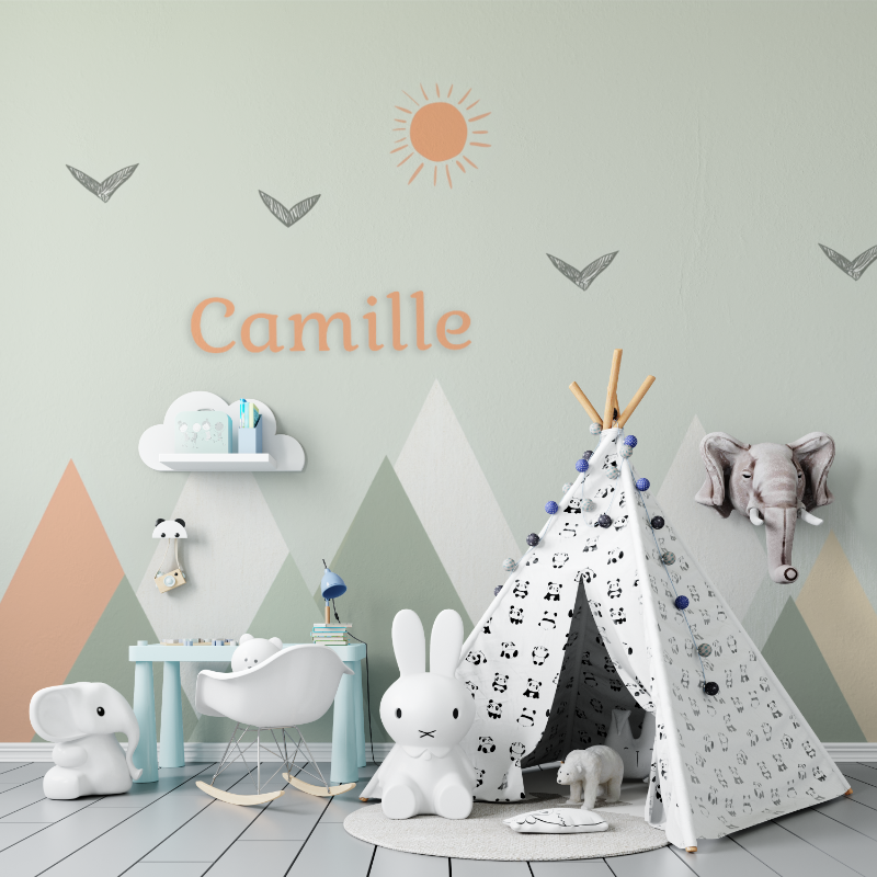Mountain Mural Wallpaper | Geometric Pastel Design with Birds