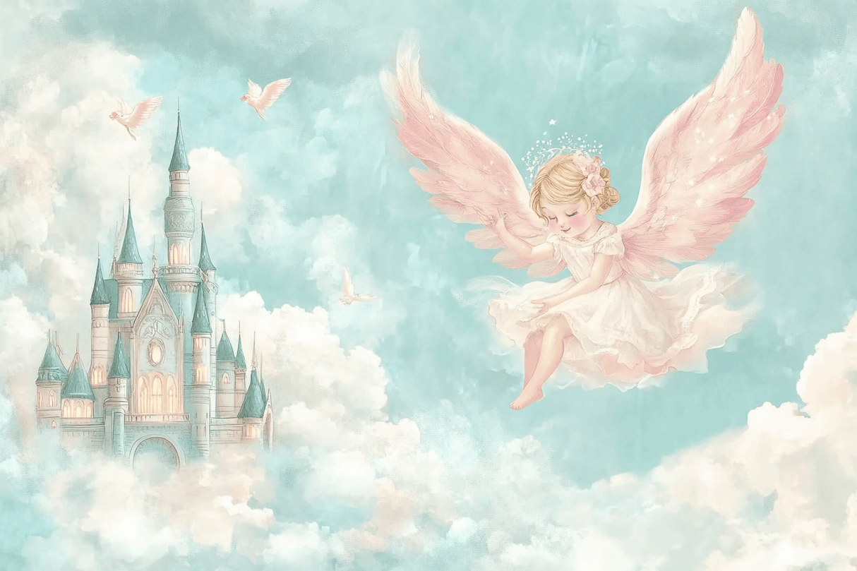 Fairy Castle Mural Wallpaper | Dreamy Angel and Pink Wings