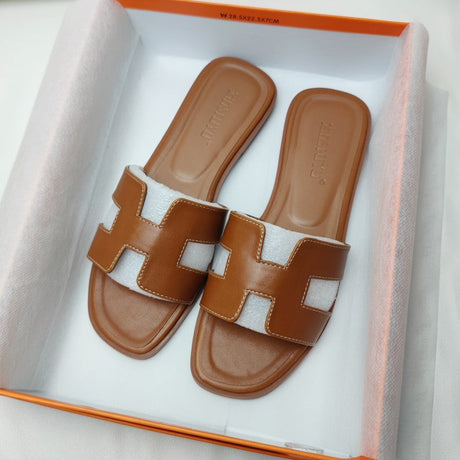 Designer Flat Sandals  White Leather H-Pattern Slides - Product detail 9