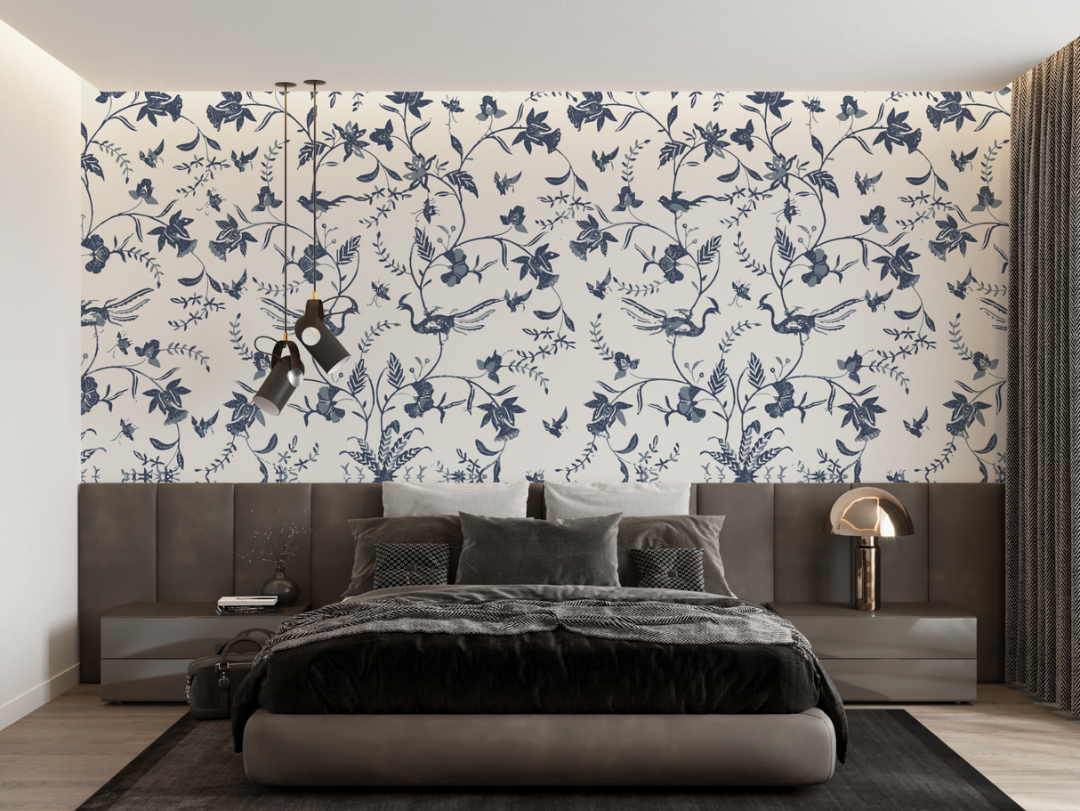 Floral Mural Wallpaper | Blue Birds and Flowers Pattern
