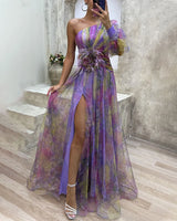 Watercolor Evening Gown  One Shoulder Multicolor Tulle Design - Product detail 4