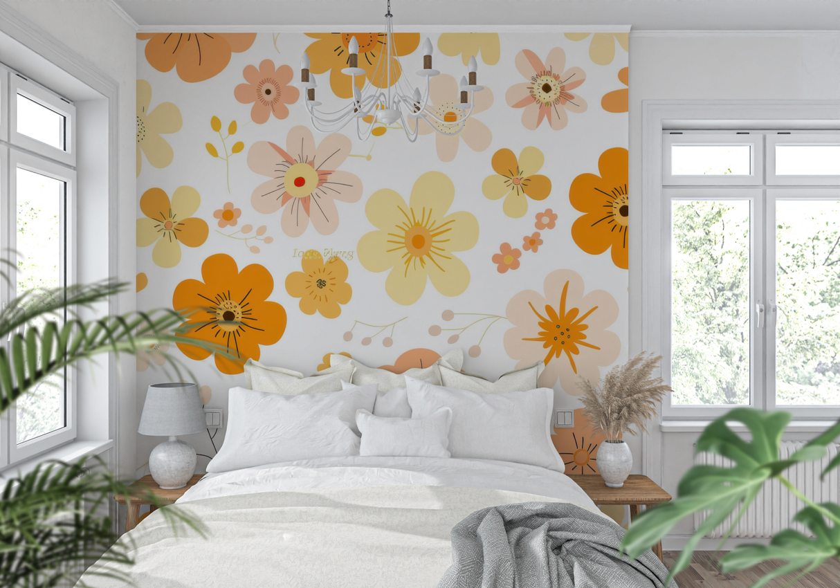Floral Mural Wallpaper | Retro Orange and Yellow Blooms