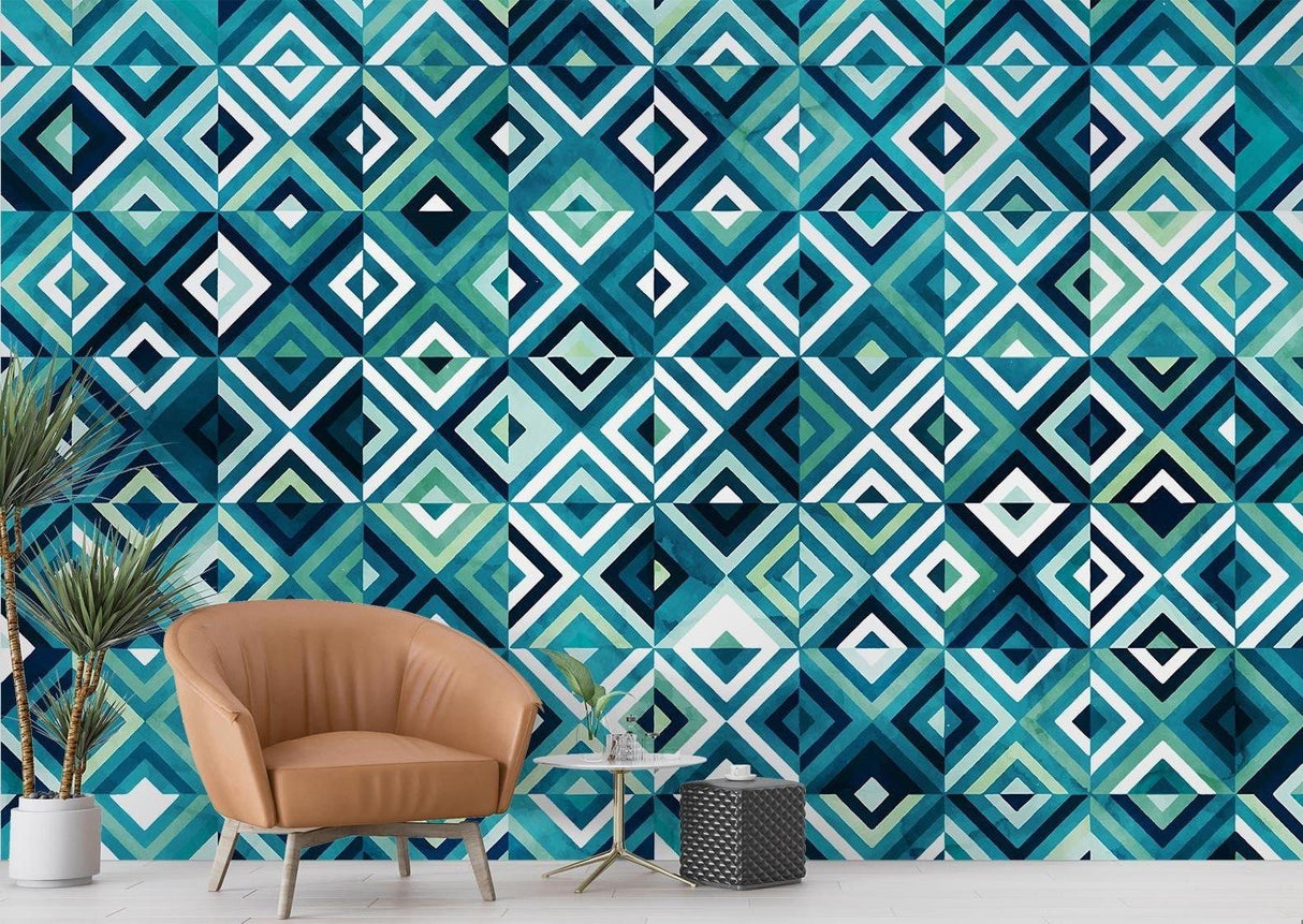 Geometric Mural Wallpaper | Modern Blue Diamond Pattern