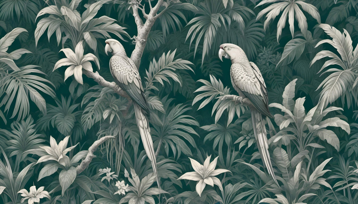 Tropical Birds Mural Wallpaper | Elegant Parrot and Palm Design