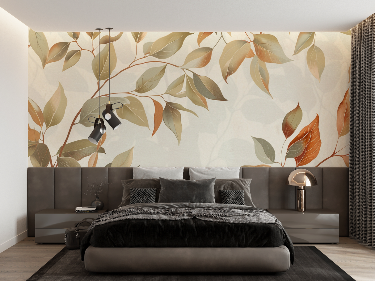 Foliage Mural Wallpaper | Elegant Beige and Terracotta Leaves