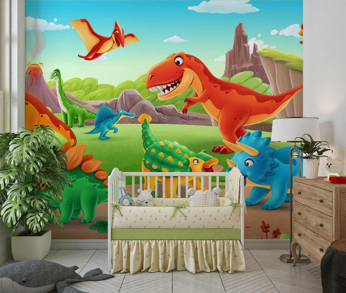 Dinosaurier Tapete | Bunte prähistorische Abenteuerszene