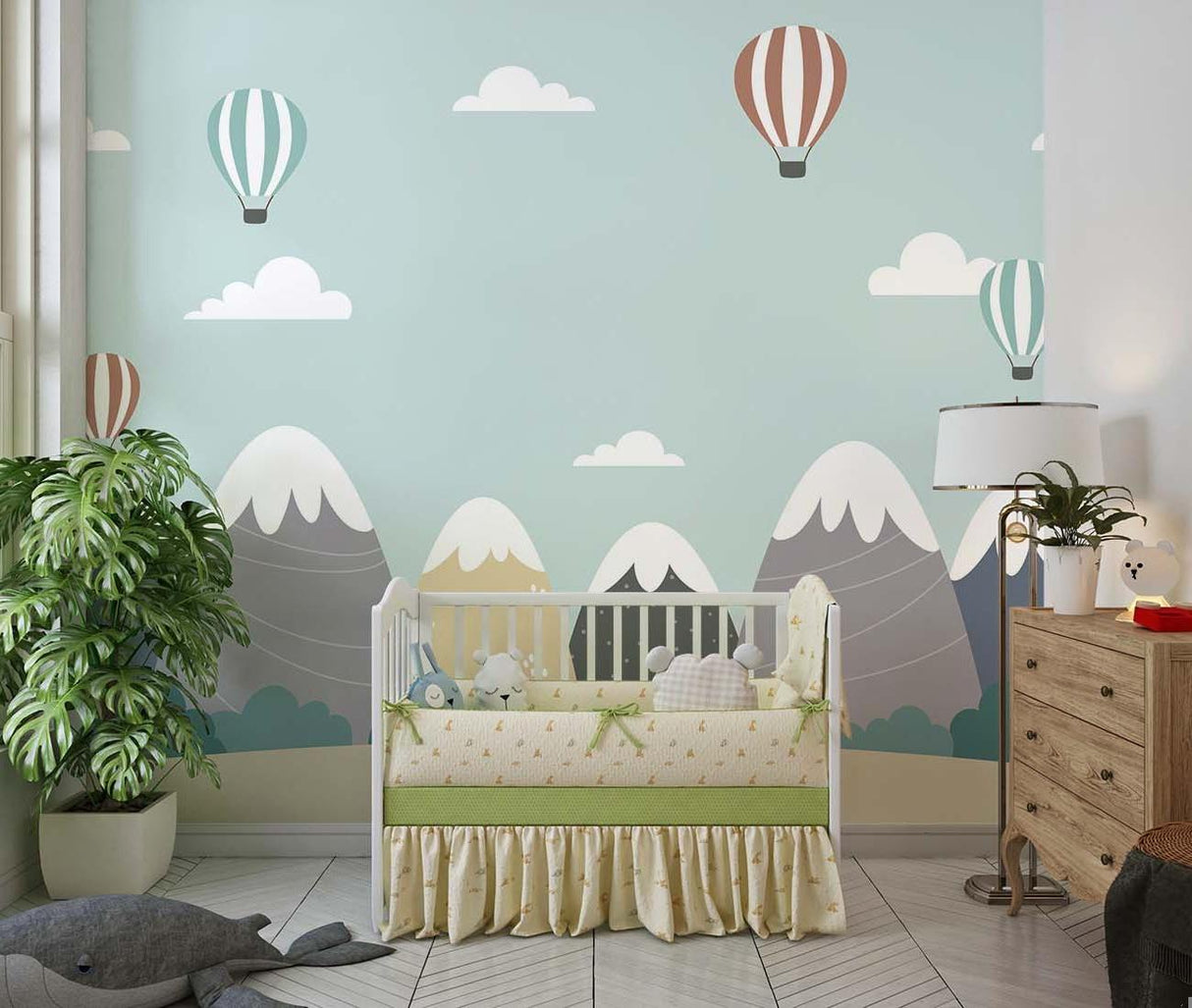 Mountain Mural Wallpaper | Hot Air Balloons and Snowy Peaks