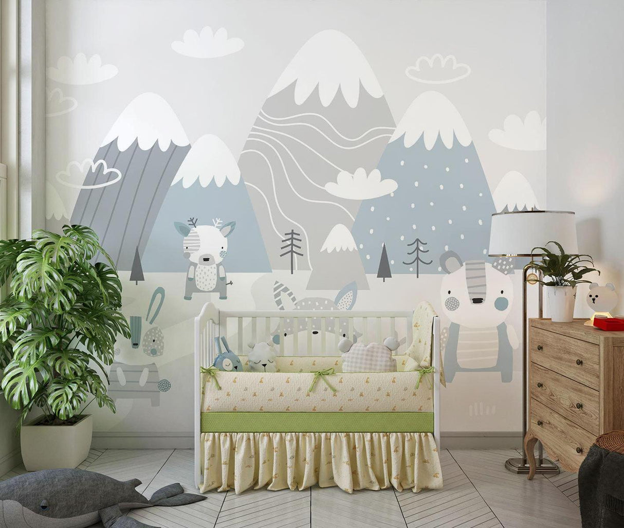 Mountain Mural Wallpaper | Scandinavian Winter Animals Scene