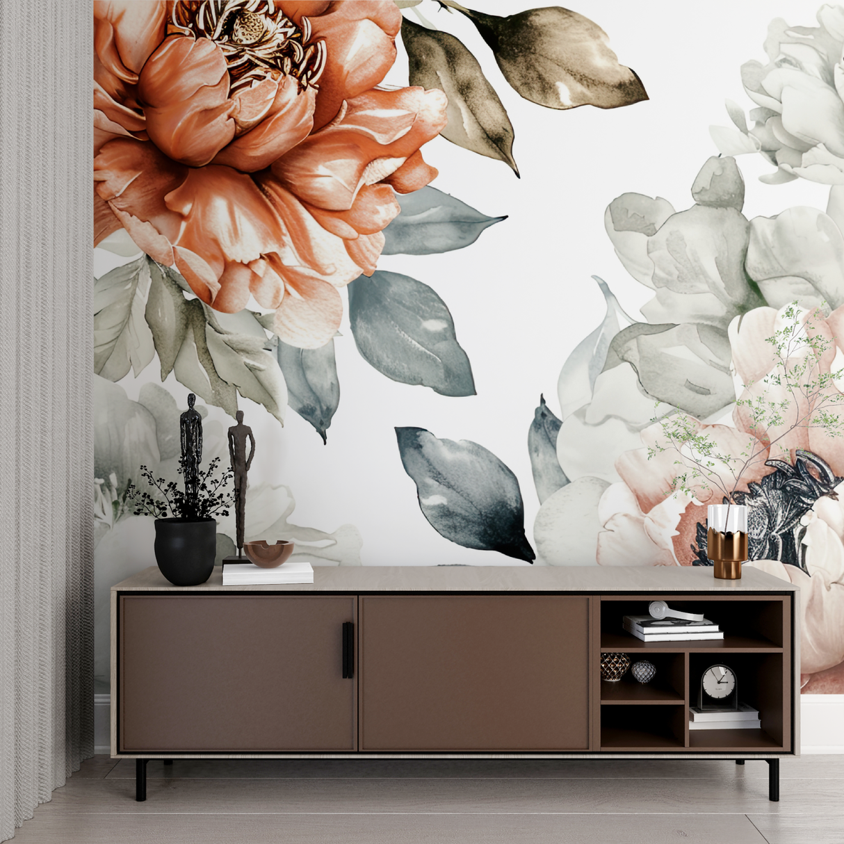 Floral Mural Wallpaper | Watercolor Peony with Geometric Pattern