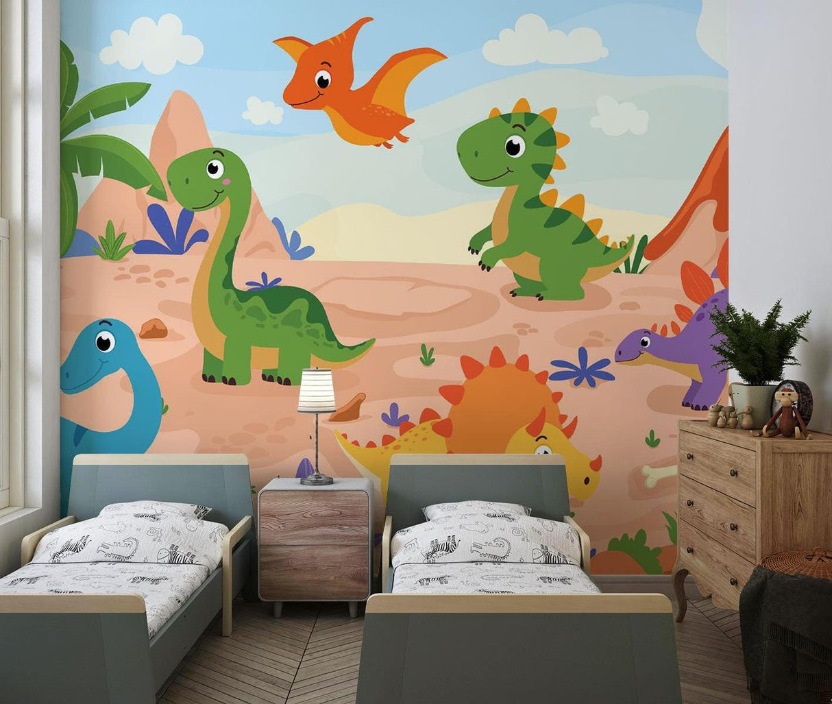 Papier Peint Mural Dinosaure | Scène d'Aventure Préhistorique Dessin Animé
