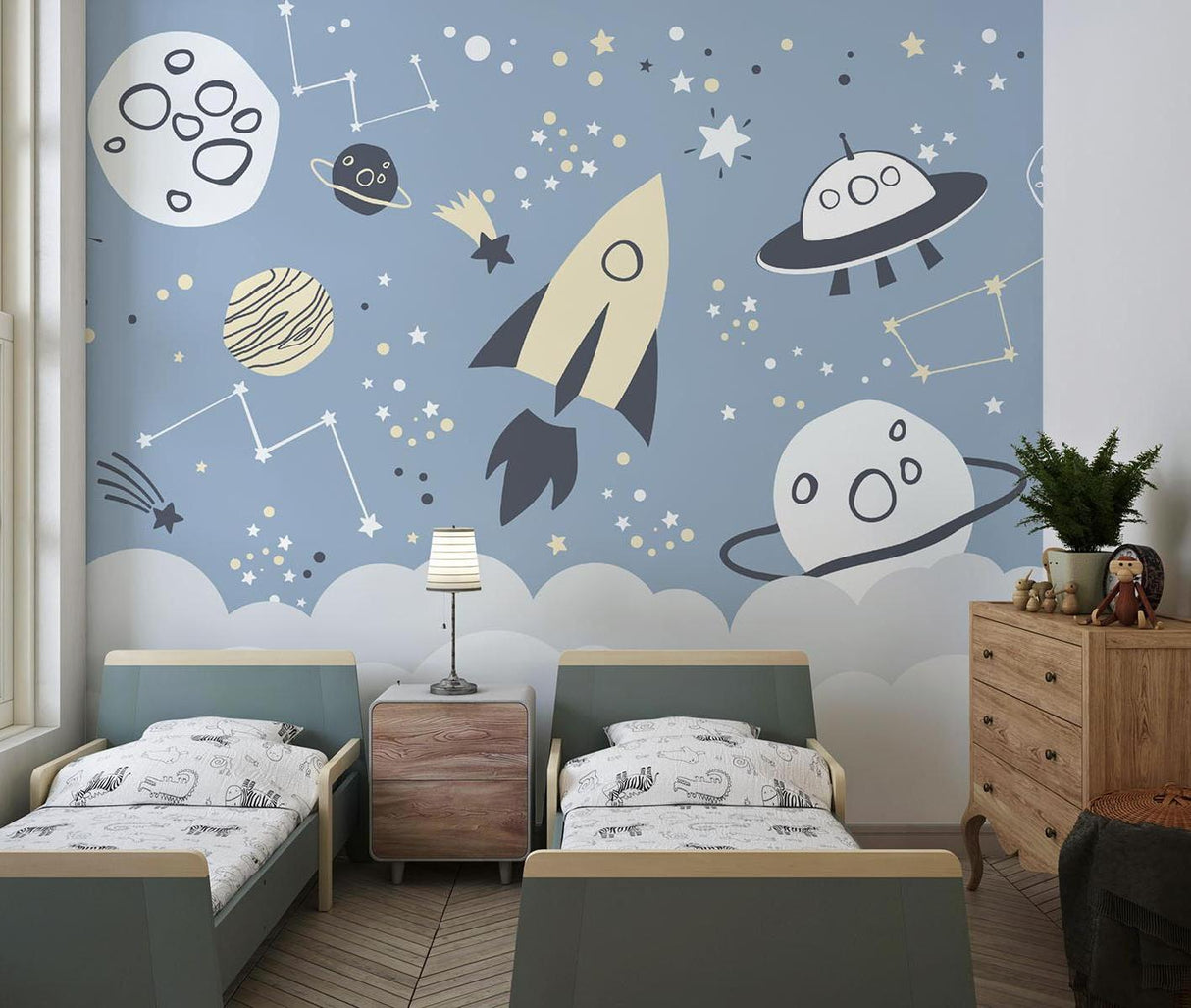 Space Mural Wallpaper | Galaxy Adventure with Rockets and UFOs