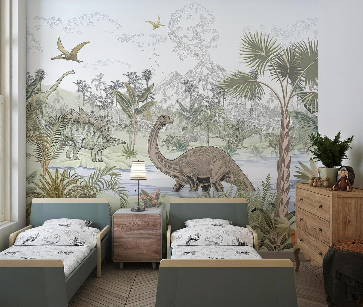 Dinosaur Mural Wallpaper | Jurassic Tropical Paradise Scene