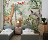 Papier Peint Mural Animaux de la Jungle | Faune Safari avec Feuillage Tropical