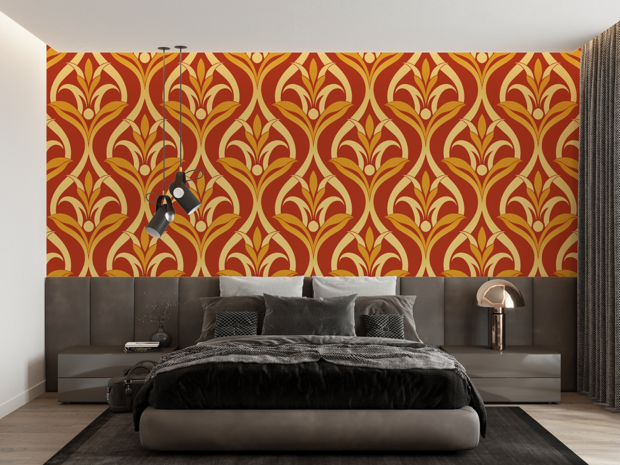 Art Nouveau Mural Wallpaper | Terracotta and Gold Floral Pattern